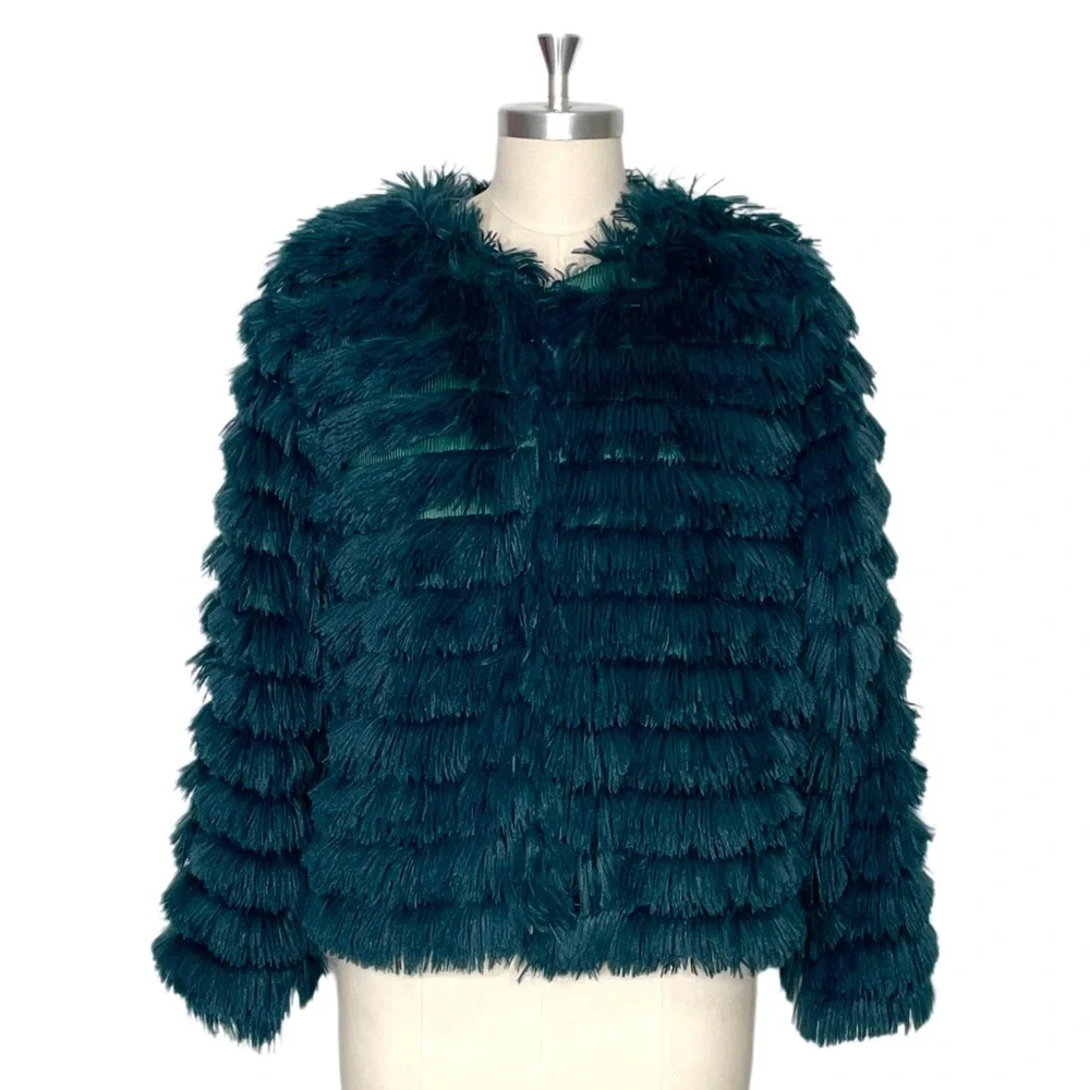 She + Sky Teal Faux Fur Fluffy Layered Jacket Size Medium NWOT